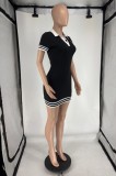 Women Turndown Collar Short Sleeve Ribbed Sexy Dress