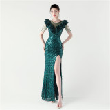 Women Floral Mesh See-Through Slit Mermaid Evening Dress