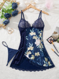 Women lace Printed Nightdress T-back Two-piece Sexy Lingerie Set