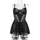 Women Lace-Up Cross Bow Mesh Ruffle Nightdress sexy lingerie Four-piece Set