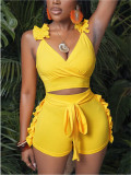 Women Summer Sexy Ruffle Backless Solid Top and Shorts Two-piece Set
