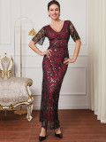 Women Elegant V Neck Sequin Formal Party Mesh Dress