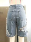 Women summer star tassel raw edge loose Denim Shorts