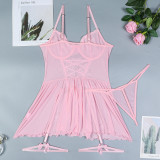 Women Lace-Up Cross Bow Mesh Ruffle Nightdress sexy lingerie Four-piece Set