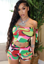Women Spring and Summer Multi-Color Printed Off Shoulder Lace-Up Crop Top and ShortsTwo Piece Set