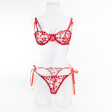 Women Red Embroidered Heart-Shaped Bra Sexy Hollow Sexy Lingerie Two-Piece Set