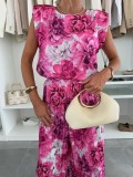 Women Summer Pleated Top and Pleated Wide Leg Pants Two Piece Set