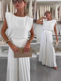 Women Summer Pleated Top and Pleated Wide Leg Pants Two Piece Set