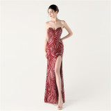 Women Beaded Sequined Wrap Dinner Party Evening Dress