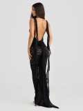 Women Lace Flower Chiffon Ribbon Backless Strap Dress