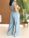 Women Denim Sexy Sleeveless Top and Pants Two Piece Set