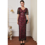 Women Elegant V Neck Sequin Formal Party Mesh Dress