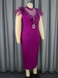 Women Half-High Neck Beaded Mesh Patchwork Split Party Dress