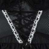 Women Lace-Up Cross Bow Mesh Ruffle Nightdress sexy lingerie Four-piece Set