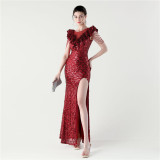Women Floral Mesh See-Through Slit Mermaid Evening Dress