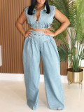 Women Denim Sexy Sleeveless Top and Pants Two Piece Set