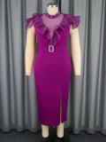 Women Half-High Neck Beaded Mesh Patchwork Split Party Dress