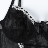 Women Lace-Up Cross Bow Mesh Ruffle Nightdress sexy lingerie Four-piece Set
