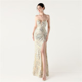 Women Beaded Sequined Wrap Dinner Party Evening Dress