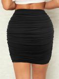 Women elegant stretchy mesh sexy pleated bodycon skirt