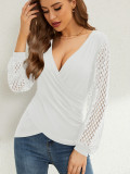 Spring Solid Color Patchwork Lace Lantern Sleeve Loose V-neck Women's Top