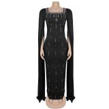 Women Back Slit Cape Sleeve Beaded Elegant Dress