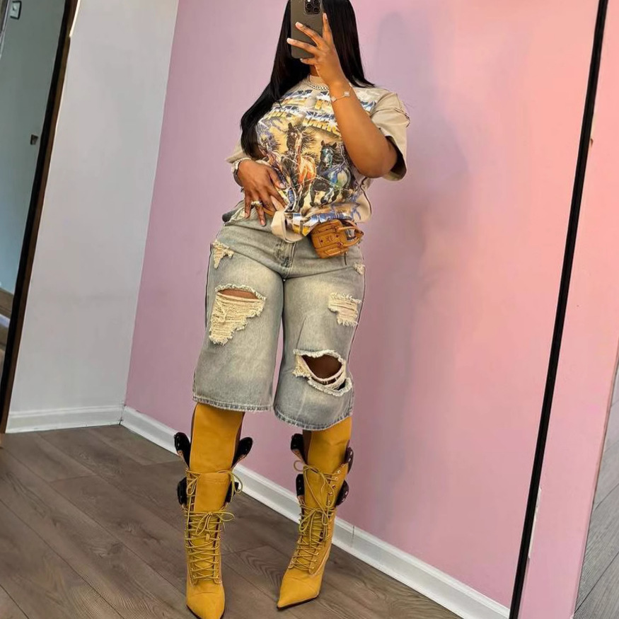 Summer High-Waist Loose Distressed Ripped Denim Straight/Wide-Leg Pants