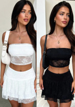 Trendy Lace Crop Strapless Top Skirt Set