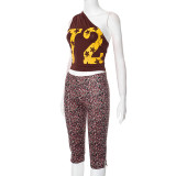 Women Spring Summer Sexy Slash Shoulder Print Top and Cropped Pants Two Piece Set
