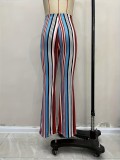 Women Pu-Leather striped print Bell Bottom Pants