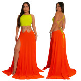 Women's Solid Color Sexy Low-Back High-Slit Contrast Dress