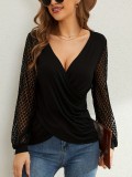Spring Solid Color Patchwork Lace Lantern Sleeve Loose V-neck Women's Top