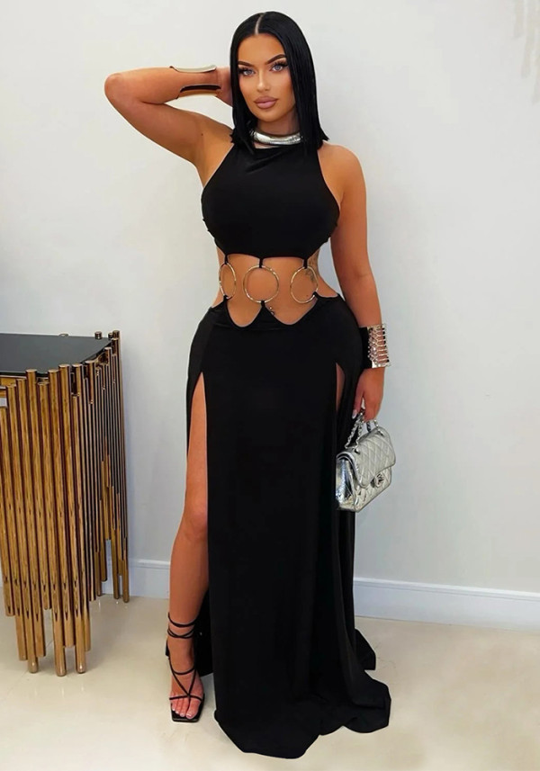 Women's Solid Color Sexy Low-Back High-Slit Contrast Dress