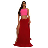 Women's Solid Color Sexy Low-Back High-Slit Contrast Dress