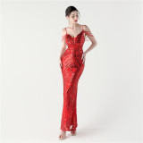 Women Formal Party Sequined Beaded Fishtail Evening Dress