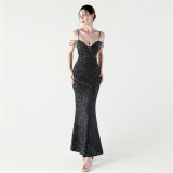 Women Sequined Beaded Party Wedding Dinner Suspender Evening Dress