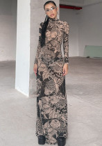 Women's Autumn Fashion Mesh Print See-Through High Neck Slim Fit Dress Women's Autumn Fashion Mesh Print See-Through High Neck Slim Fit Dress