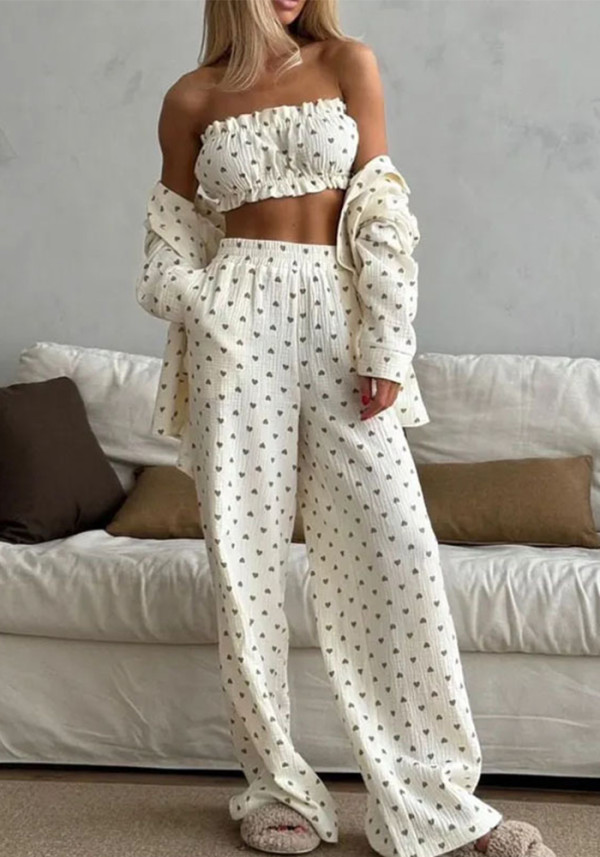 Printed Comfortable Casual Spring/Summer strapless Vest Long Sleeve Shirt Trousers Three-Piece Set for Women