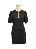 Women's Round-Neck Hollow Crystal Bowknot Puff-Sleeve Slim-Waist Dress