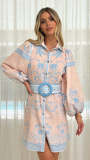 Linen Chic Casual Printed Belt Slim-Waist Shirt Dress