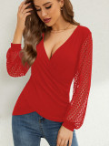 Spring Solid Color Patchwork Lace Lantern Sleeve Loose V-neck Women's Top