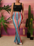 Women Pu-Leather striped print Bell Bottom Pants
