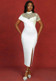 Round-Neck See-Through Lace Short-Sleeve formal Party Wedding & Bridesmaid Slit Dress