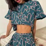 Summer Women's Casual Printed Short Sleeve Round Neck Top Shorts Pajamas Two-Piece Set