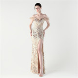 Women Stitched Cross Lace-Up Shiny Slit Evening Dress