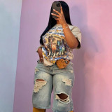 Summer High-Waist Loose Distressed Ripped Denim Straight/Wide-Leg Pants