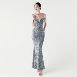 Women Sequined Beaded Party Wedding Dinner Suspender Evening Dress