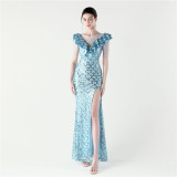 Women Floral Mesh See-Through Slit Mermaid Evening Dress