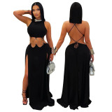 Women's Solid Color Sexy Low-Back High-Slit Contrast Dress