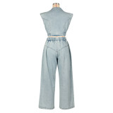 Women Denim Sexy Sleeveless Top and Pants Two Piece Set